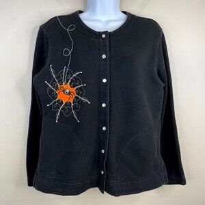 Vintage Womens HALLOWEEN Fleece Jacket Size S Pearl Snap Embroidered Spider Knit